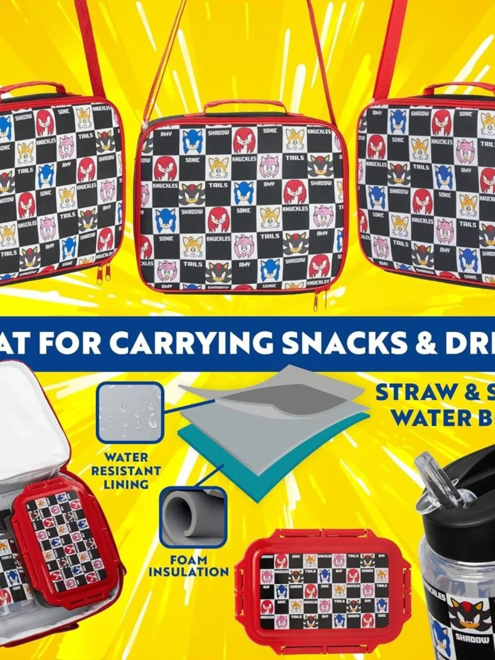 Sonic The Hedgehog Shadow Tails Knuckles Amy 3pc Lunch Set Bag Bottle
